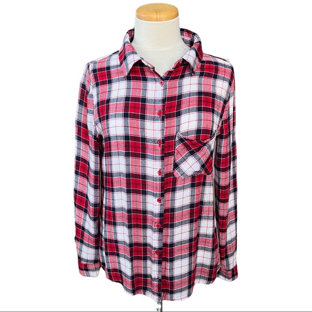Rue 21 Flannel Plaid Top Lightweight Red Black White Medium